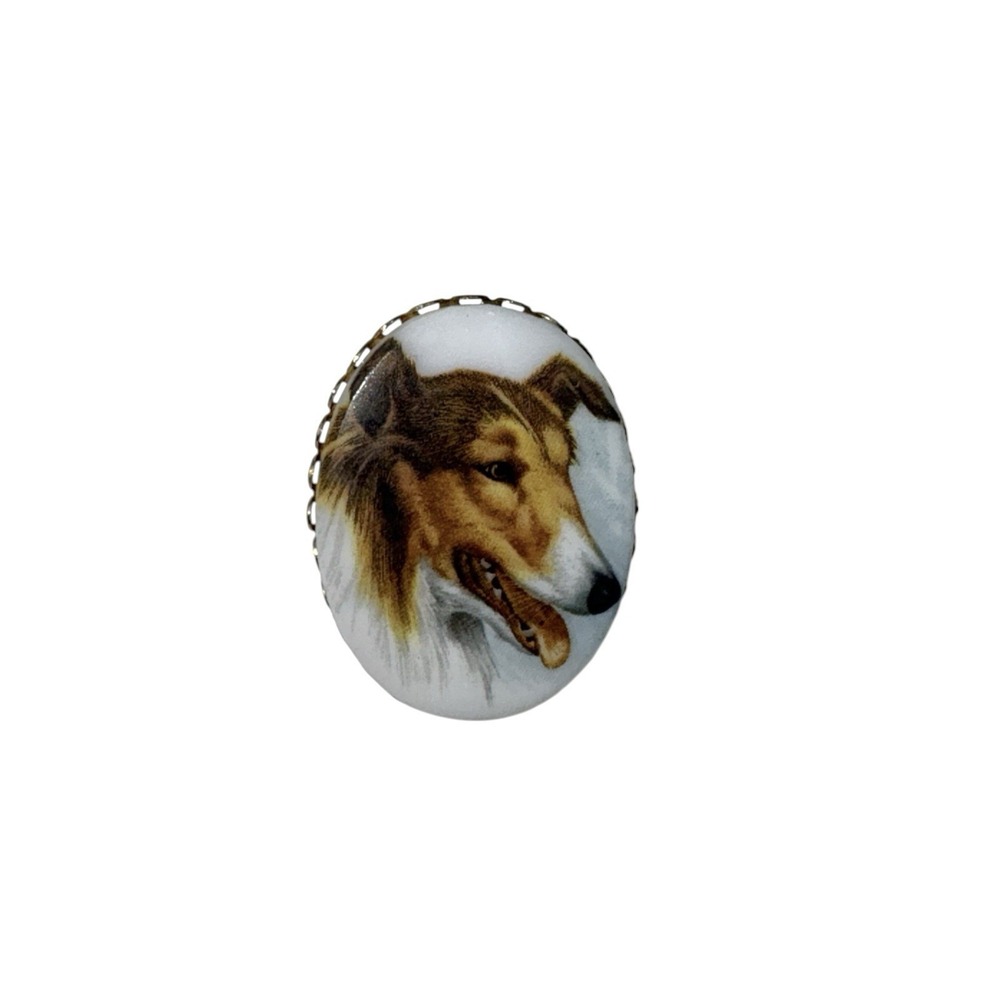 Vintage Gold Tone Ornate Frame Long Haired Collie Dog Brooch Pin